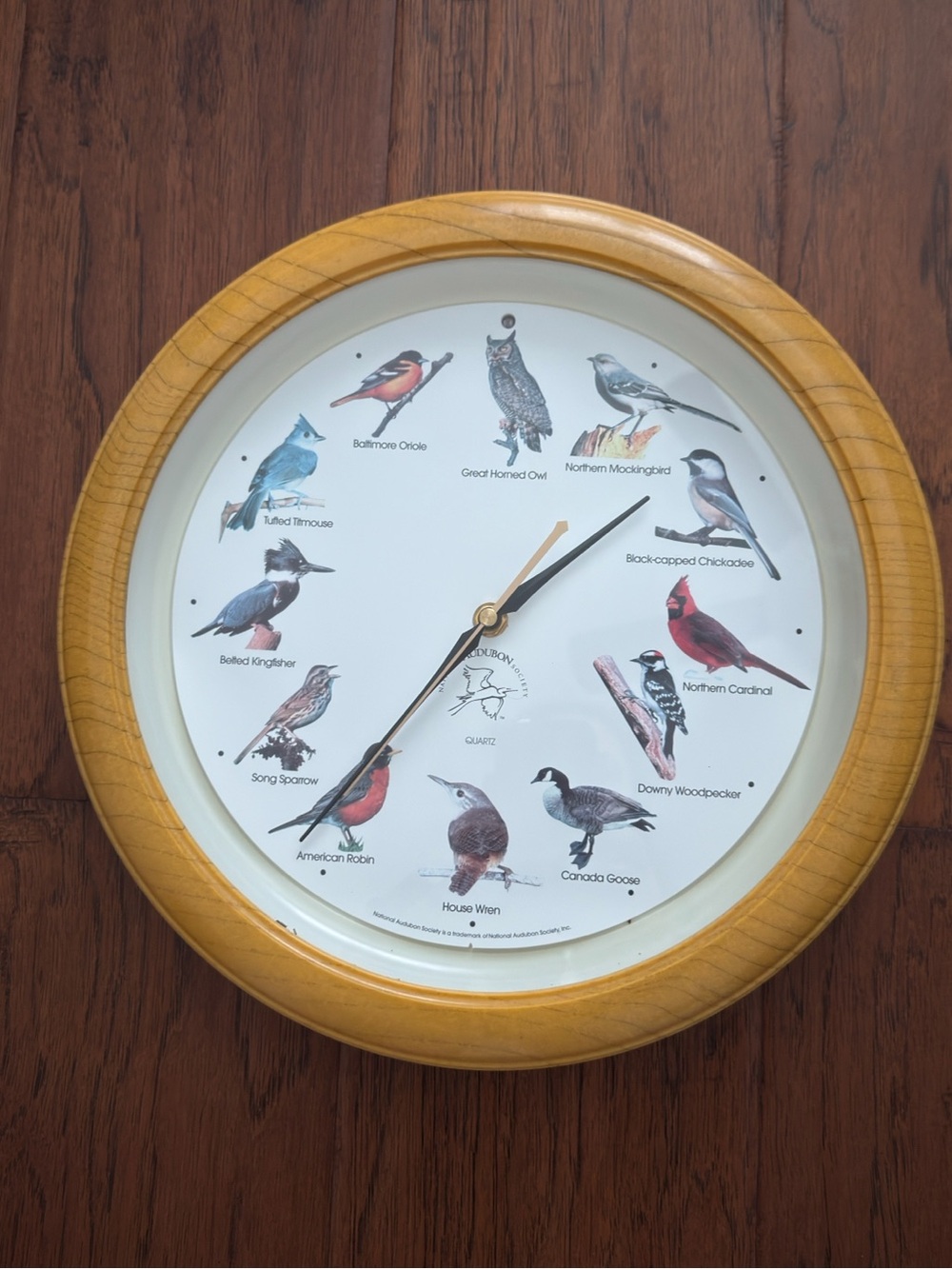 Wood-Tone Bird Song Wall Clock with Illustrated Birds